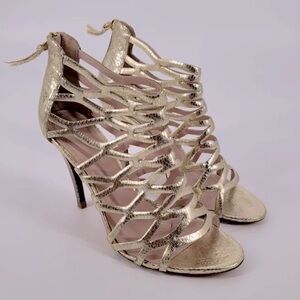✨NEW✨ Elie Tahari Lola Gold Snakeskin Caged Heels Sz 39